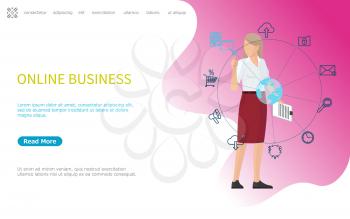 Online business web poster, woman working worldwide using modern technologies. Global mobile banking and networking, cloud storage access and message icons. Website or webpage, landing page flat style