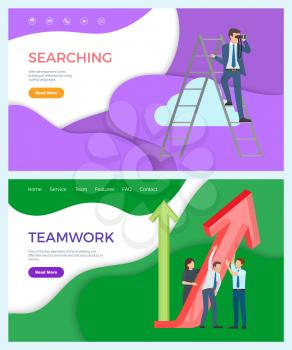 Teamwork of successful team, searching for new business ideas for company vector. Businessman standing on ladder, looking for something in distance. Website or webpage template, landing page in flat