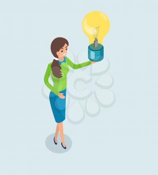 Business idea vector, woman holding lightbulb in hands. Businesslady with glowing electric bulb, brainstorming on business decision, working concept