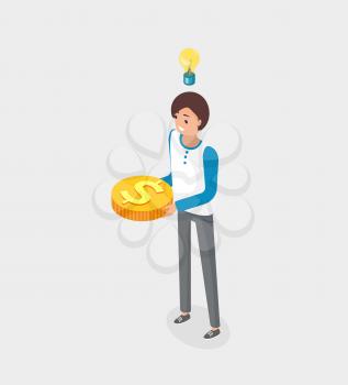 Business idea solution vector, woman with gold dollar coin isolated. Businesslady with financial decision for work, money investment of lady, lightbulb