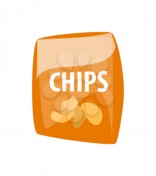 Chips in package vector, fast food unhealthy meal isolated icon. Snack fried vegetables in plastic bag, prepared dish. Traditional eating out, takeaway