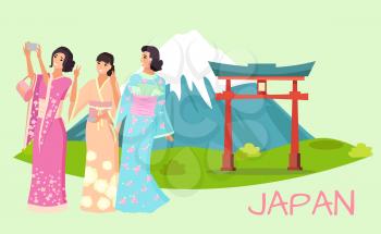Women in traditional Japanese clothing, taking photos using mobile phone in front of beautiful Japan landscape with mountain and portal vector Illustration