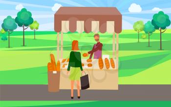 Person selling buns and freshly baked bread vector, summer fair in park. Seller and customer, woman at market with bag shopping at store purchase