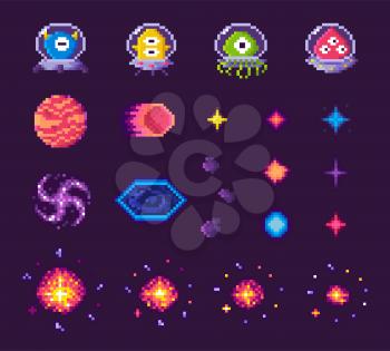 Pixel art game icons vector, 8 bit graphics of retro gaming, aliens of different form and planets, space theme, stars and explosions starry sky flat style, pixelated cosmic object for mobile app games