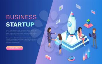 Business startup vector, team of skillful workers working with rocket standing on pedestal, infocharts and team using laptops and computers. Website or webpage template, landing page flat style