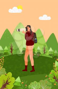 Lady photographer capturing landscapes of nature vector, meadows and mountains. Woman with camera taking photos, pictures of greenery flat style