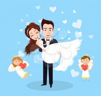 Husband holding wife, newlyweds portrait view, angel characters with heart, valentine postcard in blue color, woman embracing man, wedding vector