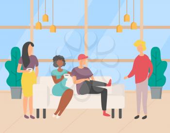 People sitting on sofa and relaxing vector, workers on coffee break. Man and woman drinking tea beverage with sweet taste and talking discussing work