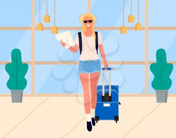 Smiling woman character holding tickets and baggage, traveler in airport. Tourist arrival, lady going with luggage in departure lounge, traveling vector