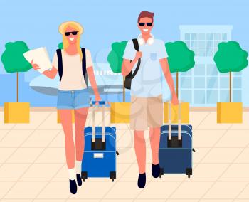 Man and woman travelers going near airport building and airplane. Smiling couple holding baggage, people arrival, tourist with luggage near terminal vector
