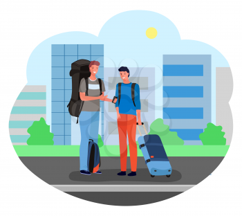 Two male travelers with suitcases and backpacks standing and waiting for taxi to get to airport. Passengers with luggage and cityscape on background