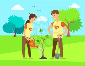 Man with shovel digging ground and woman with watering can waters plant at spring time. Vector volunteers planting tree, saving nature and environment concept