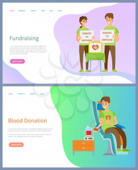 Blood donation and fundraising vector, people volunteering, volunteers with table asking for financial help, male in hospital with needle. Website or slider app, landing page flat style