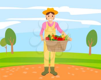 Harvester holding basket with vegetables, person with bell pepper, cucumber and carrot, onion and tomato. Smiling person with vegetarian food vector
