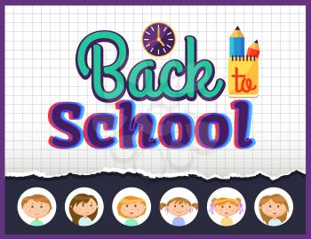 Back to school poster with clock, cup and pencil, bright notebook, educational symbols isolated on checkered background, smiling face of pupils vector