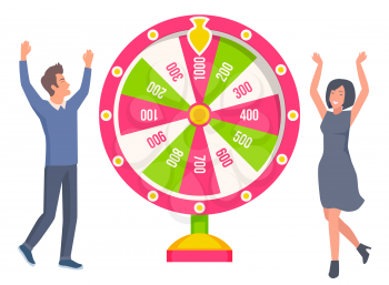 Man and woman happy to win money in fortune wheel vector, couple playing games. Gamblers raising hands up, people with slot machine in casino flat style