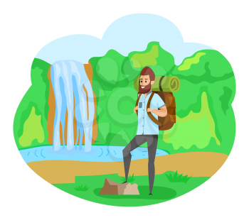 Man standing near waterfall, hiking hobby, green landscape. Smiling man holding backpack, portrait view of climber near cascade and lake, mountain vector