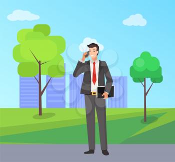 Business character solving problems on way home vector man in park of city. Cityscape flat style trees and lawn, skyscrapers and consultation of male
