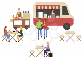 Fast food trolley and cafe with takeaway dishes and coffee drinks. Vector woman sitting on chair at table in street restaurant and drinking soda, hotdogs and people