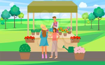 Flower kiosk with seller and clients vector, nature marketplace businessman selling person with floral bouquets, pots and watering can in tent in park flat style