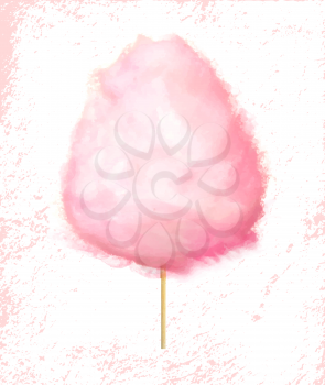 Cotton candy on stick, fluffy sugar cloud dessert isolated on pink. Vector strawberry, raspberry or cherry candyfoss, sweet snack food logo or emblem