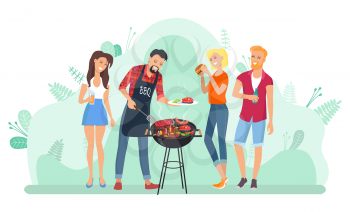 Man frying meat on grill, friends eating food outdoor, holiday picnic. People holding meal, grilled steak and sausage, leisure with dinner, barbecue in park vector