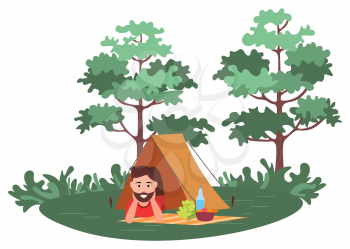 Smiling man lying in tent, mat with products on grass, green trees, picnic element. Portrait view of male character in stall, leisure outdoor, hobby vector