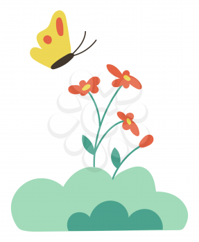 Butterfly on flowers isolated cartoon style bud. Vector yellow insect with red dots on wings and spring or summer time flowers. Green bushes and plants