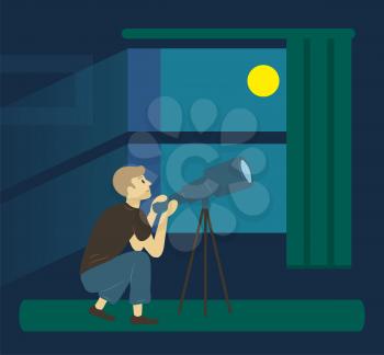Side view of man looking thought telescope, dark view from window. Hobby of male researching sky, vision of moon at night, person sitting at home and look on stars vector