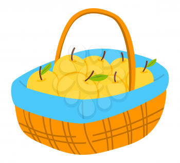 Harvest apples with leaves in wicker basket, wooden pottle with handle. Agricultural element, ripe fruit, seasonal delicious product, gardening vector
