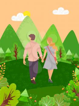 Dating couple walking in forest back view. Vector cartoon people in summer cloth spend time together. Man and woman among green hills, trees and bushes