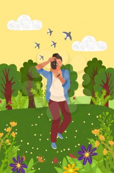 Man photographing nature, green trees and grass, flowers, flying birds. Photographer standing with camera, shooting plant, focus lens, forest vector