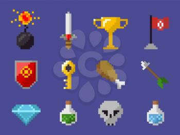 Skull and potion in bottle vector, isolated set of icons from pixel game, bomb and chicken, sword and trophy, shield and key, brilliant and flag arrow, pixelated objects for video-game