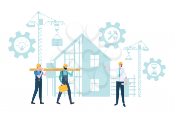 Boss with workers vector, man looking at employees, designer with people wearing helmets,crane lifting heavy blocks and bricks, house construction