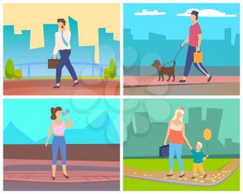 People going outdoor in city, worker speaking on phone, runner drinking water, mother with son, person with dog. Male and female activity in town vector