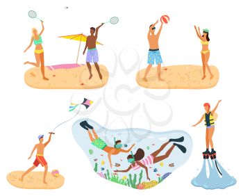 Coastal summer vacation vector, people relaxing by beach and sea water. Playing volleyball and tennis, paper kite and snorkeling. Divers underwater exploring ocean, summertime activity
