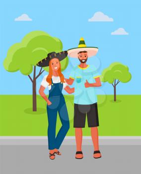 Man and woman in park vector, couple wearing traditional clothes of Mexico. Mexican people sombrero hats on head of pair, cultural heritage retro style
