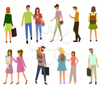 People going outdoor, man and woman holding package, buying products or flowers. Male carrying bread, grocery shopping, person in marketplace vector