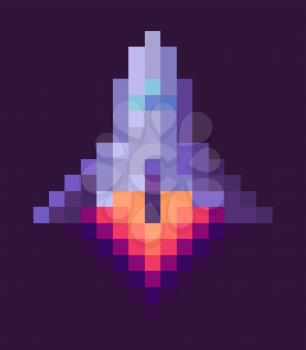 Retro spaceship, pixel art sign in 8 or 16 bit game in dark night sky. Vector starship in universe, pixel-art play and burning rocket ship on purple, pixelated cosmic object for mobile app games