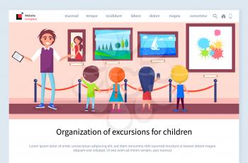 Organization of excursions for children vector teacher telling about artworks hanging on wall, art gallery with masterpieces of different styles. Website or webpage template, landing page flat style