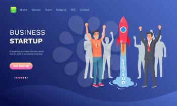 Business startup vector, people happy to launch rocket spaceship, successful team working on common project, businessman with ideas info set. Website or webpage template, landing page flat style