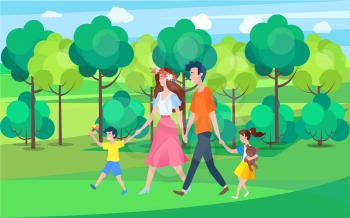 Father and mother with children in park vector, man and woman with son eating ice cream and daughter carrying plush toy in hands, foliage of trees