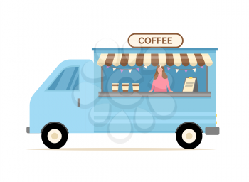 Woman selling coffee vector, truck with hot drinks and lady salesperson proposing different kinds and toppings, business street food isolated cart
