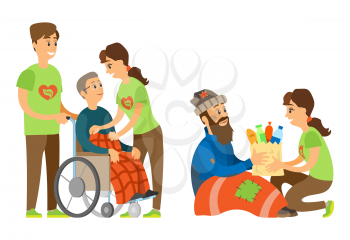 Volunteer caring of old man sitting in wheelchair, woman activist giving products to unemployed, volunteering to destitute and handicapped, help vector