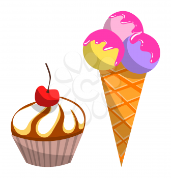 Sticker or logo of bakery cafe and ice-cream parlor with cupcake and frozen cream on white. Cafe or restaurant delicious symbol, dessert icon vector