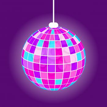 Discoball with rays from square, hanging purple mirrorball with light. Element of night club or party, glowing equipment, shiny globe, nightlife vector