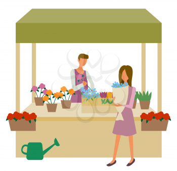 Flower market, woman choosing bouquet, seller at showcase isolated cartoon people. Vector florist and summer or spring plants, gardening and watering can