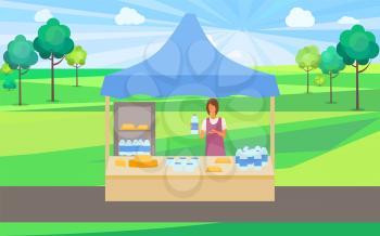 Store in park summer fair with organic production sale vector, salesperson selling milk and cheese. Fridge with dairy products, park with trees and lawn