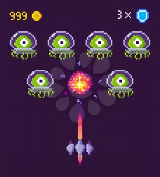 Spaceship and aliens fight pixel game vector. Pixelated characters and points gained in battle, spacecraft galaxy invaders in suits protective uniform