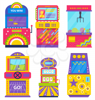 Set of different colorful retro arcade machines isolated on white. Game application on screen. Gaming room, vintage entertainment, vector. Old playing device. Machine for gambling and winning money